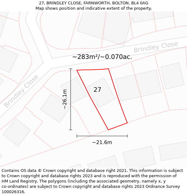 27, BRINDLEY CLOSE, FARNWORTH, BOLTON, BL4 0AG: Plot and title map