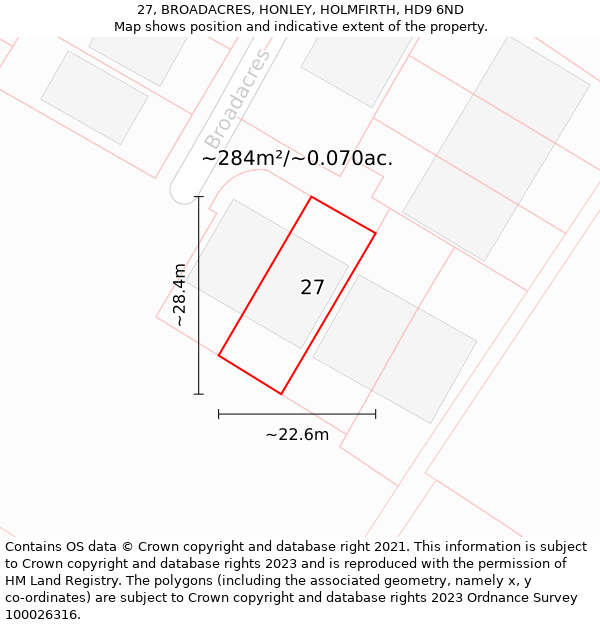 27, BROADACRES, HONLEY, HOLMFIRTH, HD9 6ND: Plot and title map