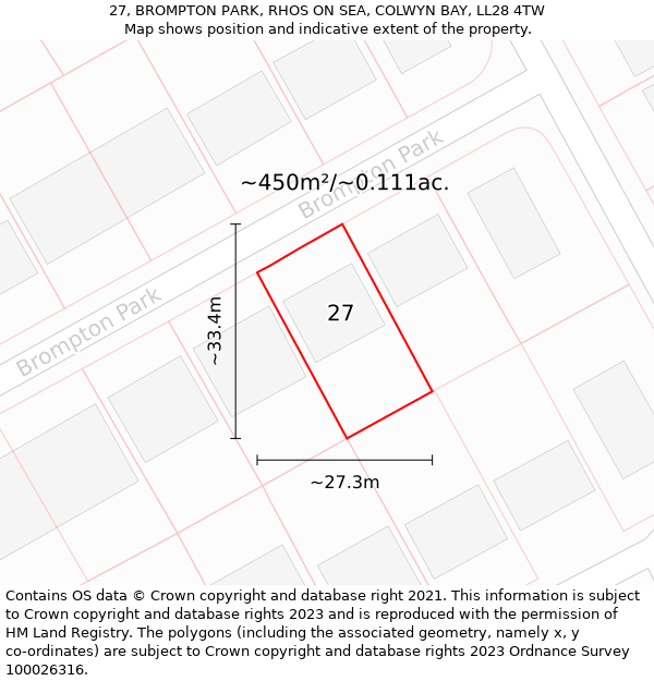 27, BROMPTON PARK, RHOS ON SEA, COLWYN BAY, LL28 4TW: Plot and title map