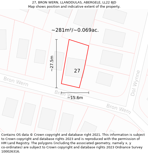 27, BRON WERN, LLANDDULAS, ABERGELE, LL22 8JD: Plot and title map