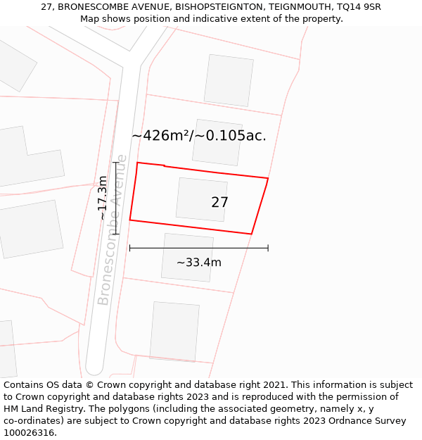 27, BRONESCOMBE AVENUE, BISHOPSTEIGNTON, TEIGNMOUTH, TQ14 9SR: Plot and title map