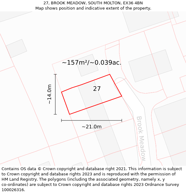 27, BROOK MEADOW, SOUTH MOLTON, EX36 4BN: Plot and title map