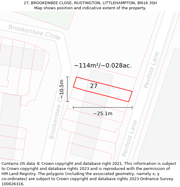 27, BROOKENBEE CLOSE, RUSTINGTON, LITTLEHAMPTON, BN16 3SH: Plot and title map