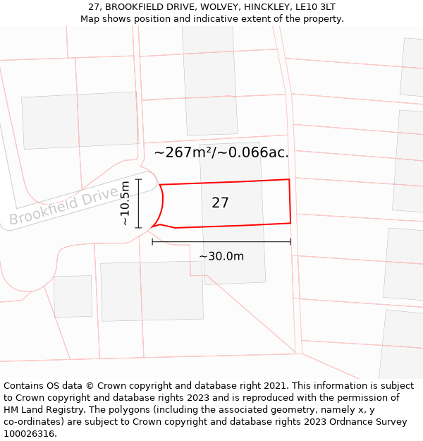 27, BROOKFIELD DRIVE, WOLVEY, HINCKLEY, LE10 3LT: Plot and title map