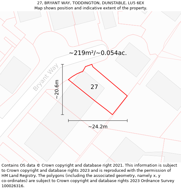 27, BRYANT WAY, TODDINGTON, DUNSTABLE, LU5 6EX: Plot and title map