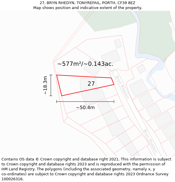 27, BRYN RHEDYN, TONYREFAIL, PORTH, CF39 8EZ: Plot and title map