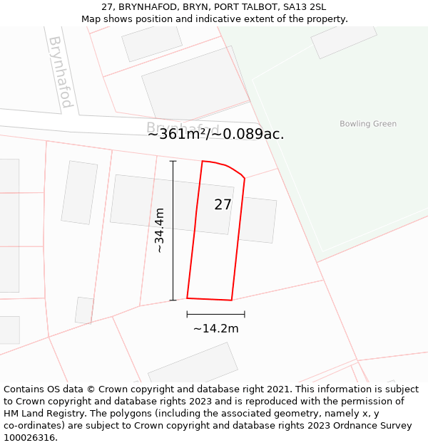 27, BRYNHAFOD, BRYN, PORT TALBOT, SA13 2SL: Plot and title map