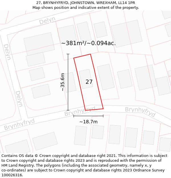 27, BRYNHYFRYD, JOHNSTOWN, WREXHAM, LL14 1PR: Plot and title map