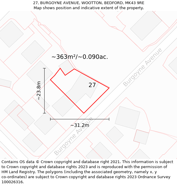 27, BURGOYNE AVENUE, WOOTTON, BEDFORD, MK43 9RE: Plot and title map