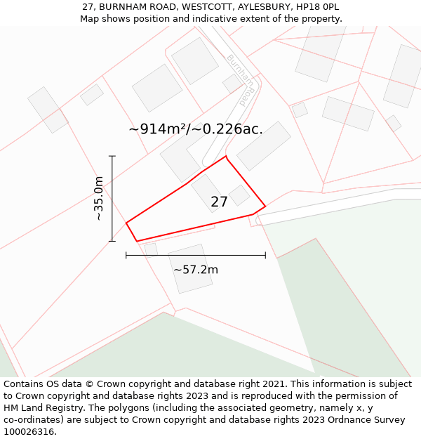 27, BURNHAM ROAD, WESTCOTT, AYLESBURY, HP18 0PL: Plot and title map