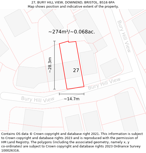 27, BURY HILL VIEW, DOWNEND, BRISTOL, BS16 6PA: Plot and title map