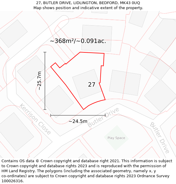 27, BUTLER DRIVE, LIDLINGTON, BEDFORD, MK43 0UQ: Plot and title map