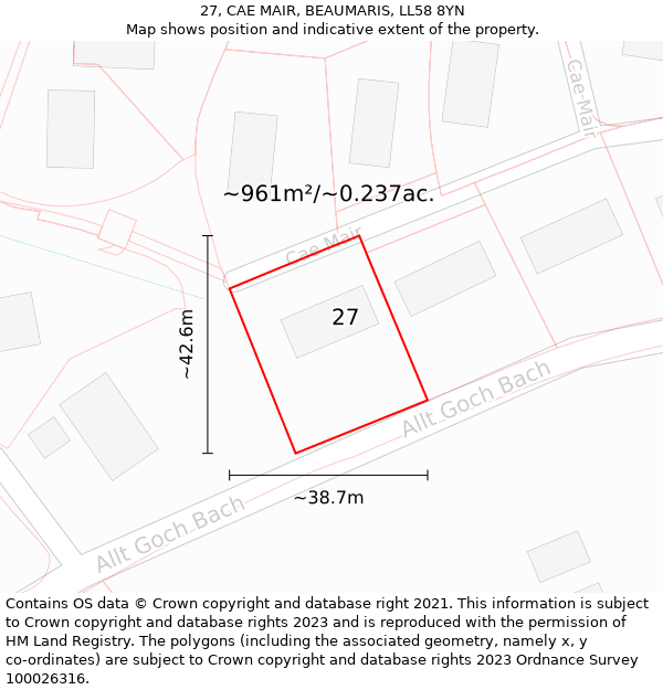 27, CAE MAIR, BEAUMARIS, LL58 8YN: Plot and title map