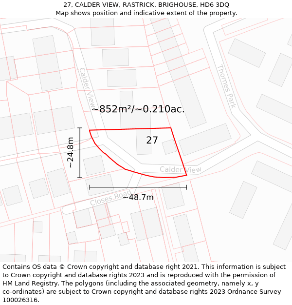 27, CALDER VIEW, RASTRICK, BRIGHOUSE, HD6 3DQ: Plot and title map