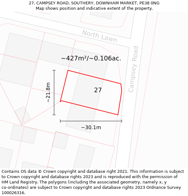 27, CAMPSEY ROAD, SOUTHERY, DOWNHAM MARKET, PE38 0NG: Plot and title map