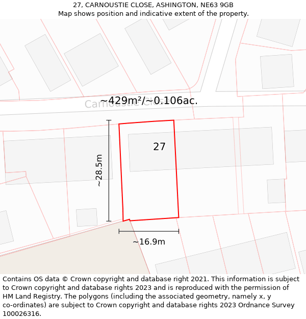 27, CARNOUSTIE CLOSE, ASHINGTON, NE63 9GB: Plot and title map