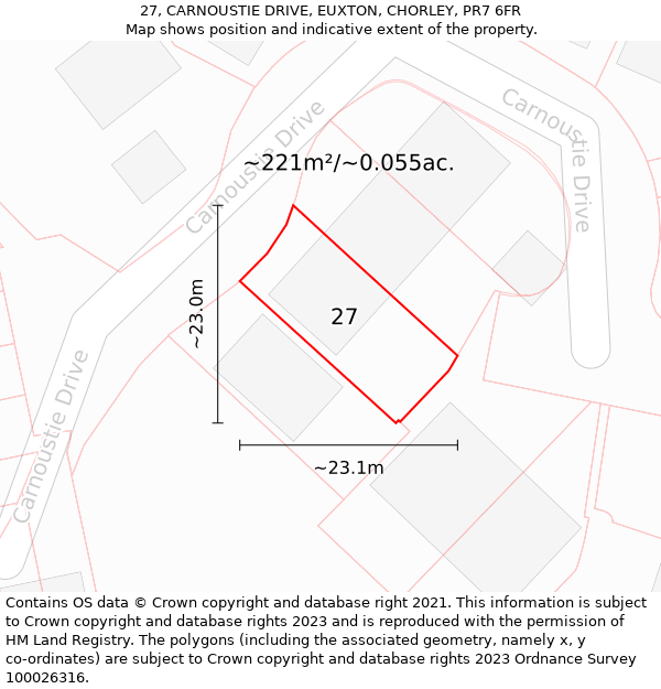 27, CARNOUSTIE DRIVE, EUXTON, CHORLEY, PR7 6FR: Plot and title map