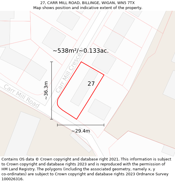 27, CARR MILL ROAD, BILLINGE, WIGAN, WN5 7TX: Plot and title map