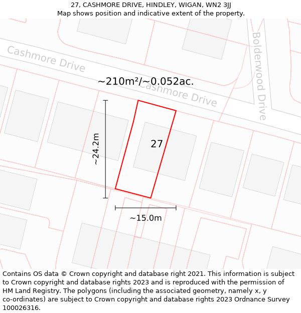 27, CASHMORE DRIVE, HINDLEY, WIGAN, WN2 3JJ: Plot and title map