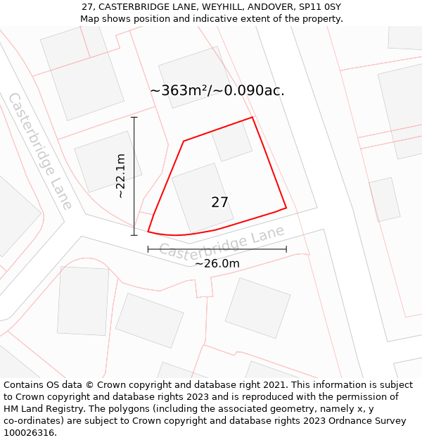 27, CASTERBRIDGE LANE, WEYHILL, ANDOVER, SP11 0SY: Plot and title map