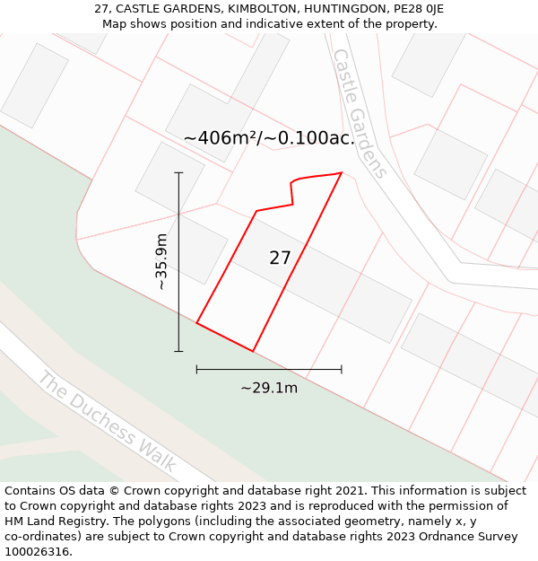 27, CASTLE GARDENS, KIMBOLTON, HUNTINGDON, PE28 0JE: Plot and title map