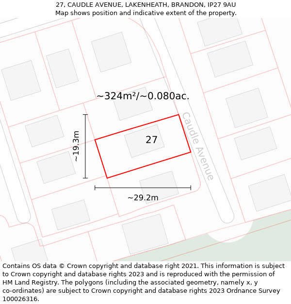 27, CAUDLE AVENUE, LAKENHEATH, BRANDON, IP27 9AU: Plot and title map