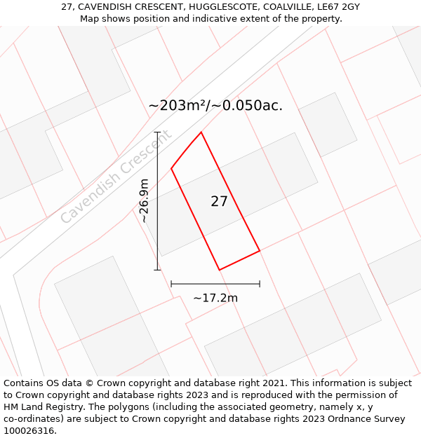 27, CAVENDISH CRESCENT, HUGGLESCOTE, COALVILLE, LE67 2GY: Plot and title map