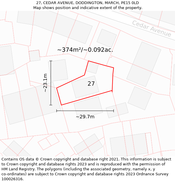 27, CEDAR AVENUE, DODDINGTON, MARCH, PE15 0LD: Plot and title map