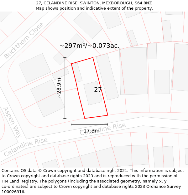 27, CELANDINE RISE, SWINTON, MEXBOROUGH, S64 8NZ: Plot and title map