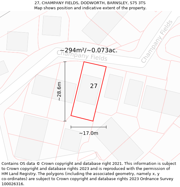 27, CHAMPANY FIELDS, DODWORTH, BARNSLEY, S75 3TS: Plot and title map