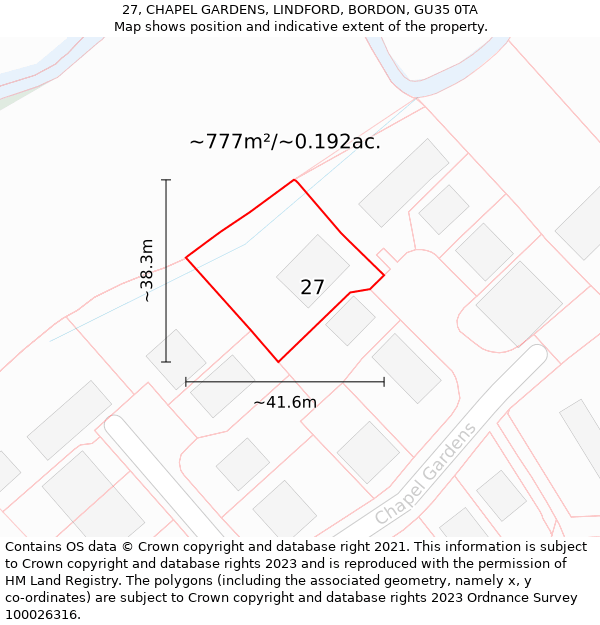 27, CHAPEL GARDENS, LINDFORD, BORDON, GU35 0TA: Plot and title map