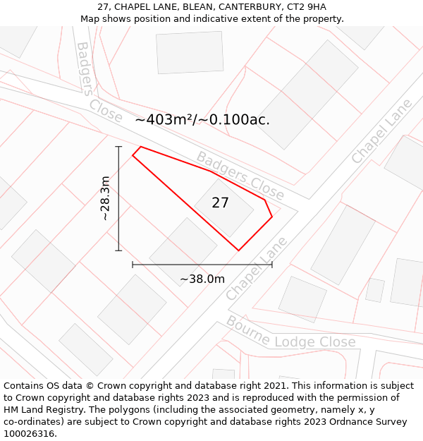 27, CHAPEL LANE, BLEAN, CANTERBURY, CT2 9HA: Plot and title map