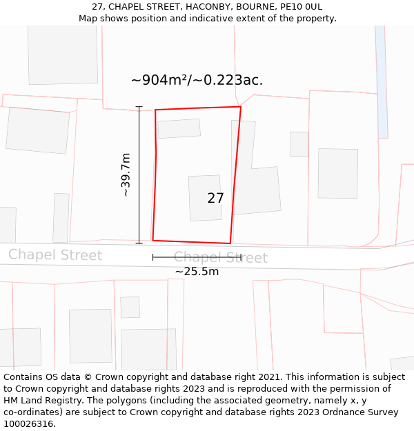 27, CHAPEL STREET, HACONBY, BOURNE, PE10 0UL: Plot and title map