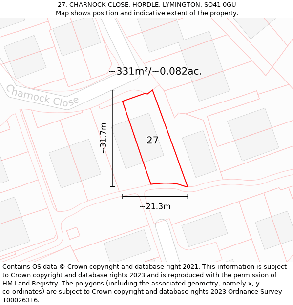 27, CHARNOCK CLOSE, HORDLE, LYMINGTON, SO41 0GU: Plot and title map