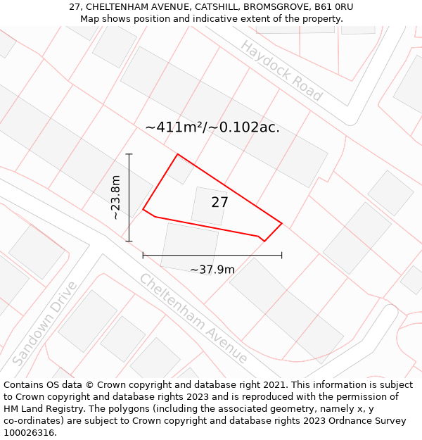 27, CHELTENHAM AVENUE, CATSHILL, BROMSGROVE, B61 0RU: Plot and title map