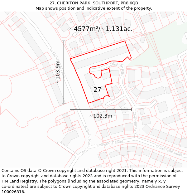 27, CHERITON PARK, SOUTHPORT, PR8 6QB: Plot and title map