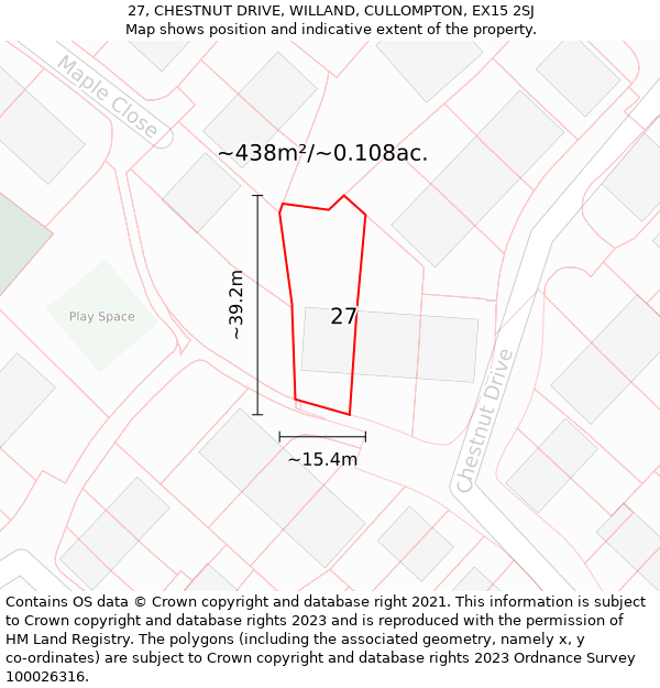 27, CHESTNUT DRIVE, WILLAND, CULLOMPTON, EX15 2SJ: Plot and title map