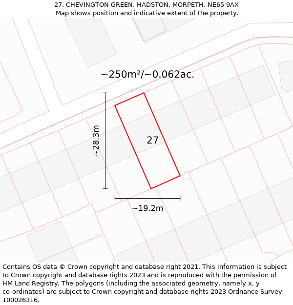 27, CHEVINGTON GREEN, HADSTON, MORPETH, NE65 9AX: Plot and title map