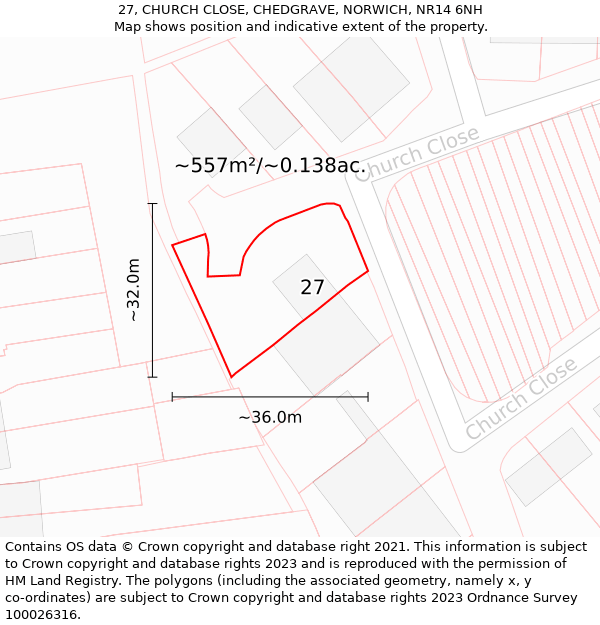 27, CHURCH CLOSE, CHEDGRAVE, NORWICH, NR14 6NH: Plot and title map