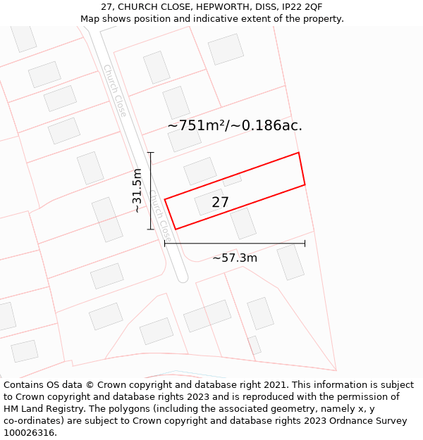 27, CHURCH CLOSE, HEPWORTH, DISS, IP22 2QF: Plot and title map