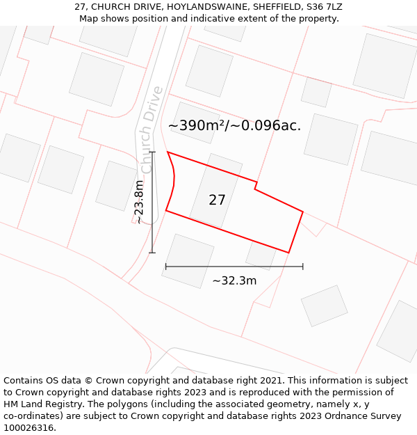 27, CHURCH DRIVE, HOYLANDSWAINE, SHEFFIELD, S36 7LZ: Plot and title map