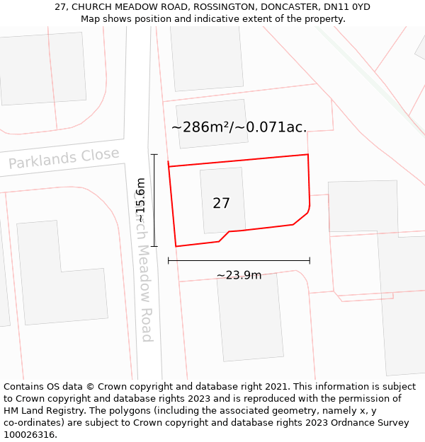 27, CHURCH MEADOW ROAD, ROSSINGTON, DONCASTER, DN11 0YD: Plot and title map