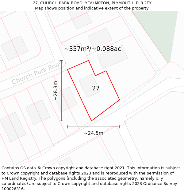 27, CHURCH PARK ROAD, YEALMPTON, PLYMOUTH, PL8 2EY: Plot and title map