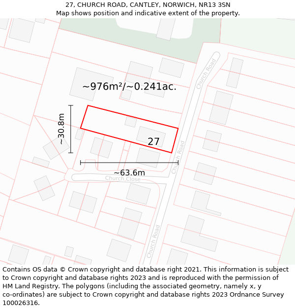 27, CHURCH ROAD, CANTLEY, NORWICH, NR13 3SN: Plot and title map