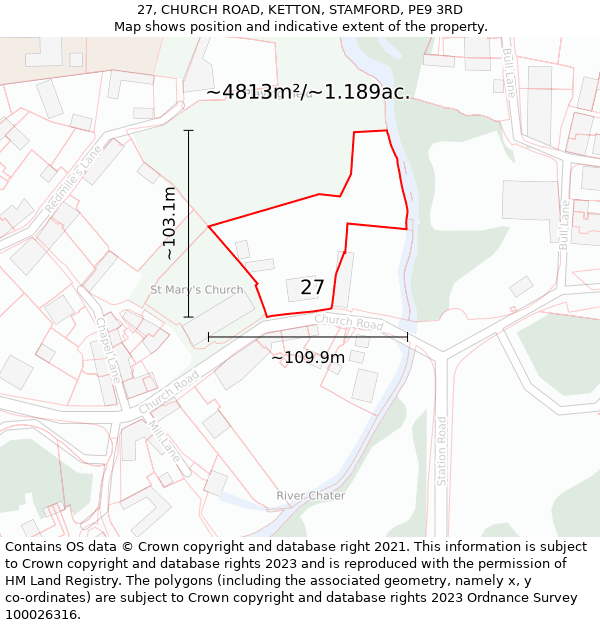 27, CHURCH ROAD, KETTON, STAMFORD, PE9 3RD: Plot and title map