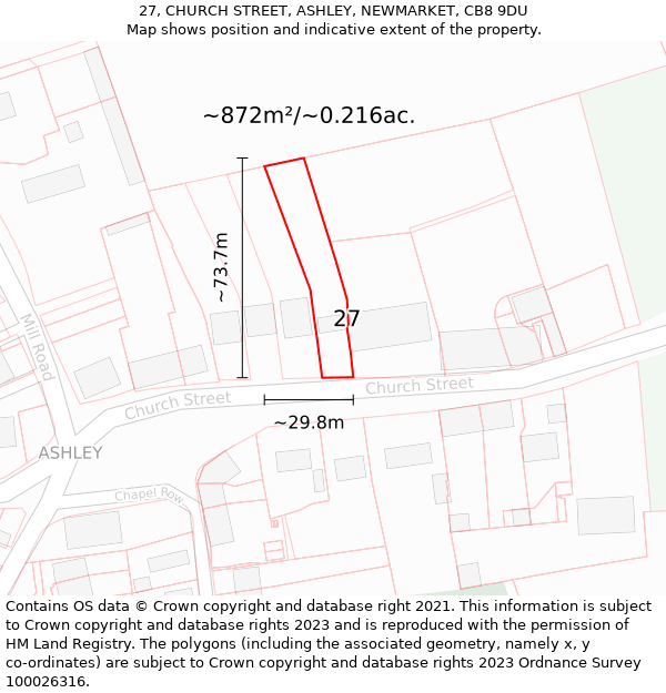 27, CHURCH STREET, ASHLEY, NEWMARKET, CB8 9DU: Plot and title map