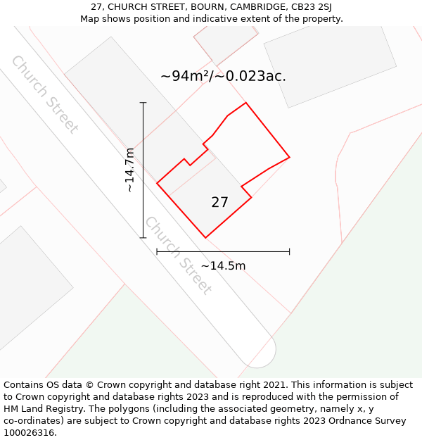 27, CHURCH STREET, BOURN, CAMBRIDGE, CB23 2SJ: Plot and title map