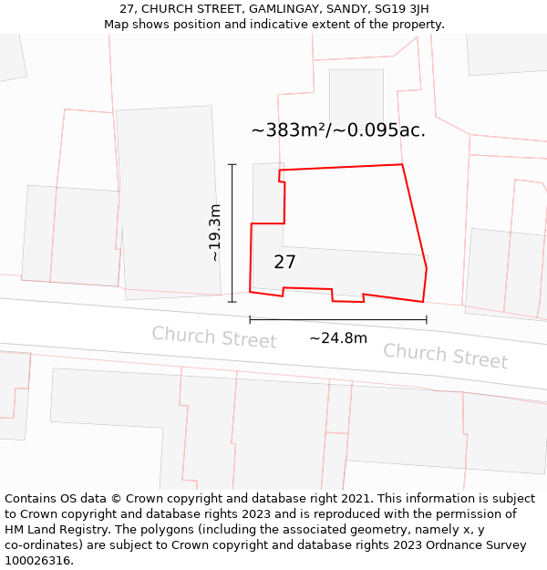 27, CHURCH STREET, GAMLINGAY, SANDY, SG19 3JH: Plot and title map
