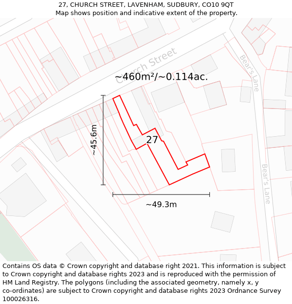 27, CHURCH STREET, LAVENHAM, SUDBURY, CO10 9QT: Plot and title map