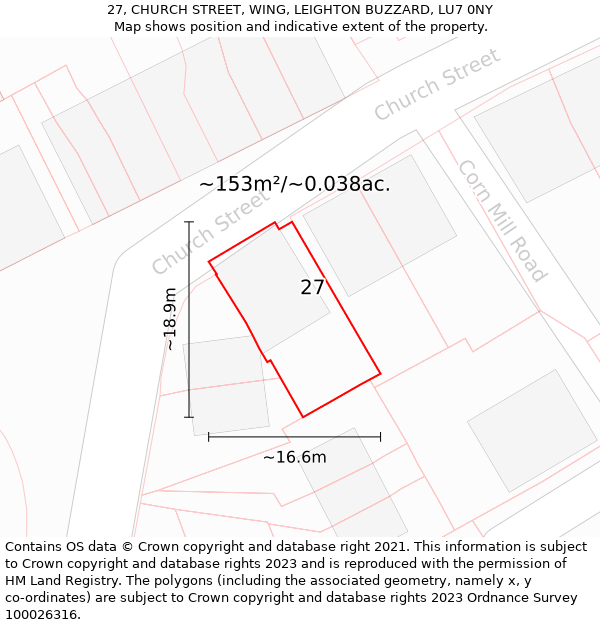 27, CHURCH STREET, WING, LEIGHTON BUZZARD, LU7 0NY: Plot and title map